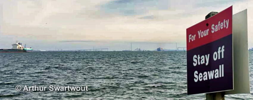 Francis Scott Key Bridge collapsed - as seen from the seawall at Fort McHenry