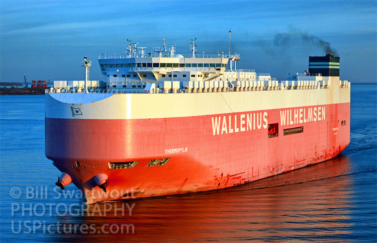 Wallenius Wilhelmsen Thermopylae, a Vehicles Vessel, passing underneath the Francis Scott Key Bridge on its approach to the Port of Baltimore. 